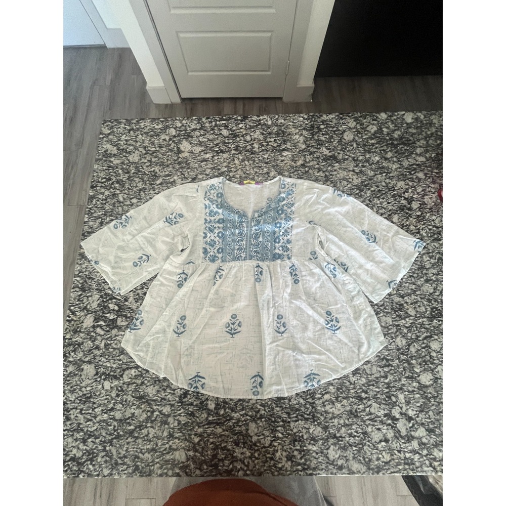 Rangriti Kurti Womens (XL) 38 Blue White Floral Peplum Waist 3/4 Sleeve Top
